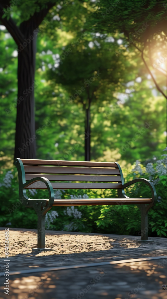 Generative AI metal garden chair on green grass, Chairs on the lawn in the park, The chair in the park on grass, bench in green park with path way, Empty bench in the park.