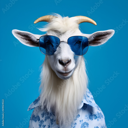 Cute, white goat with a neatly trimmed beard, retro sunglasses, is dressed in a cool summer shirt, hipster style and minimalism, blue background