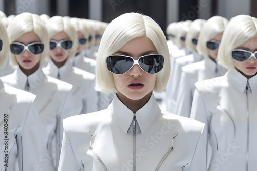 Beautiful futuristic blond model, serious faces, a army of clones stays in rows behind the central person, monochromatic and hyper - realistic photography, white color is dominated photo