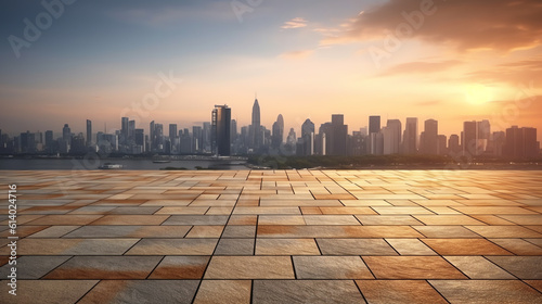 Generative AI Empty square floor and city skyline with modern commercial buildings in Hangzhou at sunset, China.