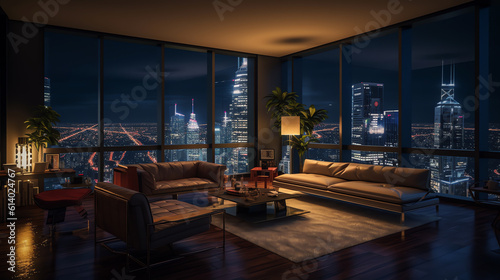 Generative AI Downtown Chicago City Skyline Buildings from High Rise Window. Beautiful Expensive Real Estate overlooking. Epmty room Interior Skyscrapers View in Penthouse Cityscape. Night. 3d renderi