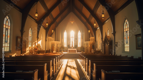 Generative AI bokeh interior of modern lutheran, christian church