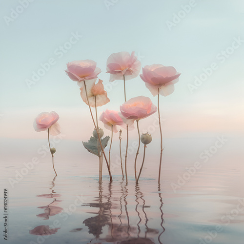 Delicate, soft and pastel pink flowers that grow by the water, the photo exudes serenity, warmth and calmness.