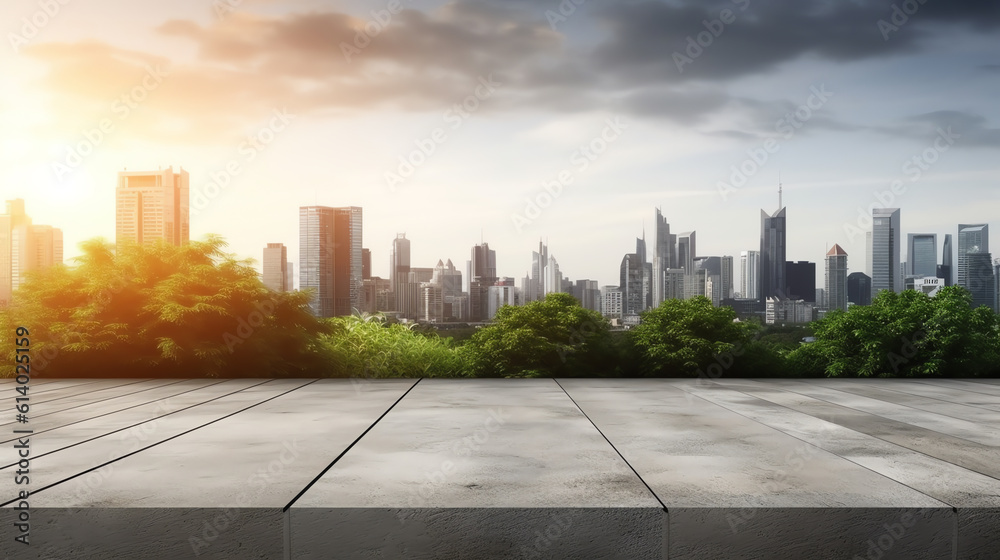 Fototapeta premium Generative AI Empty square floor and city skyline with buildings at sunset in Shanghai.