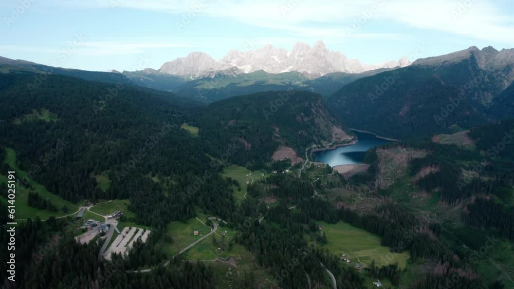 aerial view of lake paneveggio and pale di san martino trentino aerial view of lake paneveggio and pale di san martino trentino