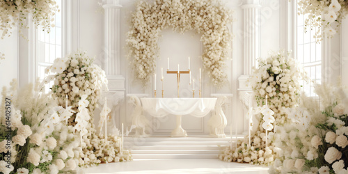 Fototapet Generative AI Baby's breath bouquets tied to the end of wood church pews in a we