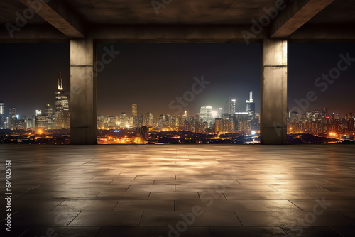 Generative AI Perspective view of empty floor with modern building and beautiful nigh city background. 3d rendering
