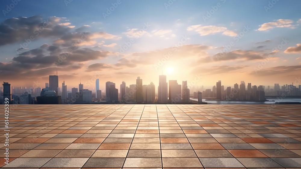 Generative AI Empty floor and modern city skyline with building at sunrise in Hangzhou, China.