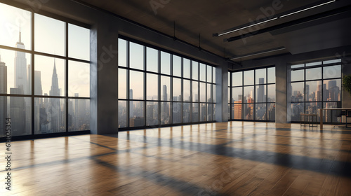 Generative AI Open space office in loft style hangar with windows in floor and city view 3D Render