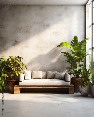 Generative AI Modern contemporary loft style living room with tropical style garden view 3d render,The room has concrete tiled floors and walls for copy space and wooden ceilings