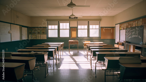 Generative AI Desks in a row in empty high school classroom
