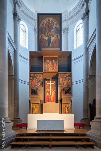 Generative AI TURIN, ITALY - MARCH 7, 2019: view of the holy shroud chapel inside the cathedral of Turin, restored in 2018. Detail of the almost burned altar, on march 7, 2019 photo