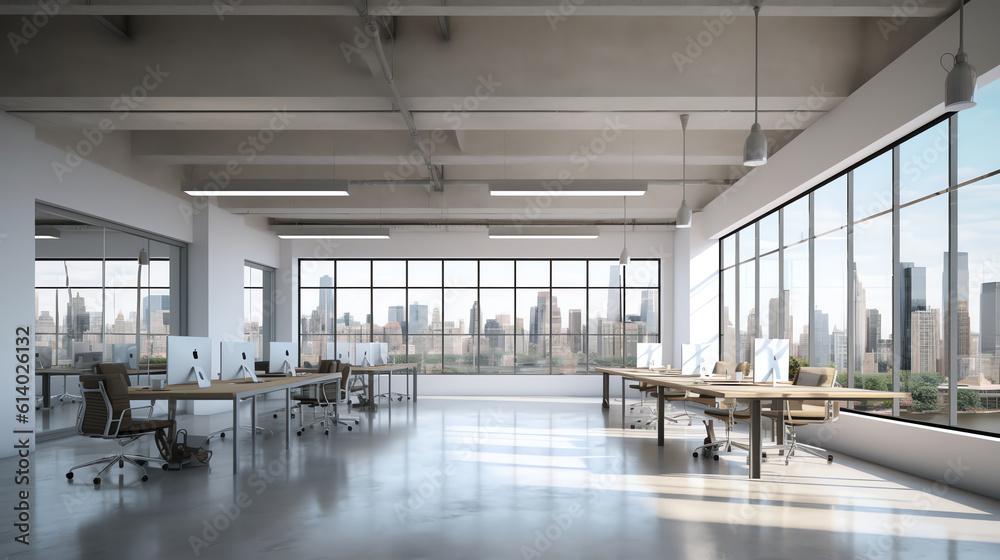 Generative AI Corner of modern Industrial style open space office with white walls, concrete floor, rows of computer tables and panoramic windows with blurry cityscape. 3d rendering Generative AI Corner of modern Industrial style open space office with white walls, concrete floor, rows of computer tables and panoramic windows with blurry cityscape. 3d rendering