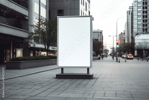 Generative AI bus stop with an advertising banner in the city center