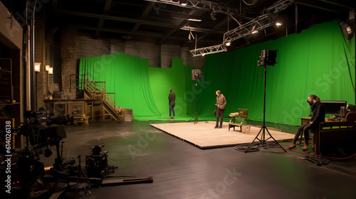 Generative AI Three empty chairs in a studio with green screen