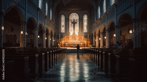 Generative AI Catholic church interior inside with benches and light from window  dark image  selective focus