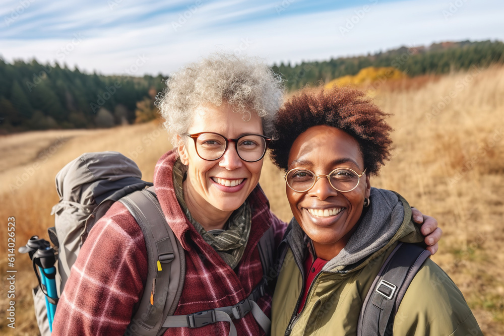 Active middle aged interracial lesbian couple hiking outdoors. Generative AI