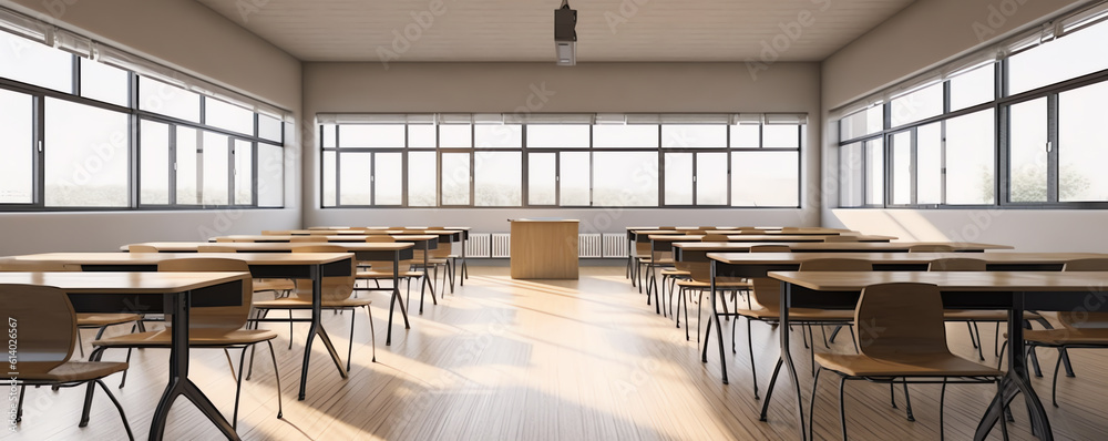 Obraz premium Generative AI University lecture chairs and tables in classroom