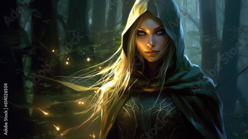 A mysterious elven rogue with a shimmering cloak that bends light around them.