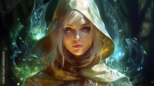 A mysterious elven rogue with a shimmering cloak that bends light around them. photo
