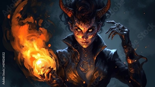 A tiefling warlock who wields dark fire.