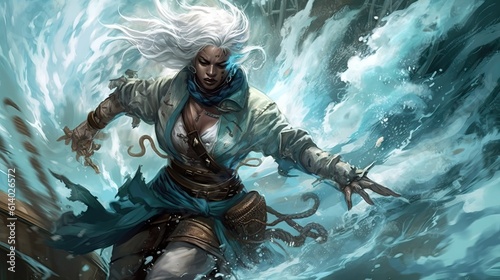 A water genasi pirate with the power to control tides and summon watery minions.