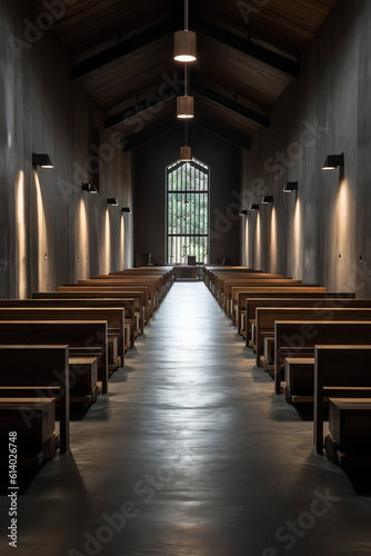 Generative AI ISAFJORDUR, ICELAND - JULY 30, 2018: Interior of empty Protestant church. Rows of benches, red carpet and light altar with big cross.