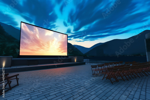 Generative AI Open air cinema empty place for watching movie. Outdoor movie theater on lawn with big white screen, bean bag chairs and chaises. Vector cartoon landscape of backyard or city public park