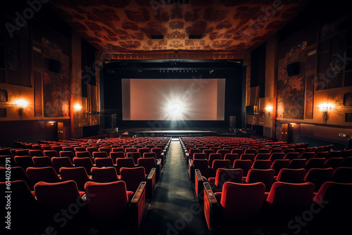 Generative AI Cinema theater hall. (top view) Cinema auditorium with screen and seats. (View from above)
