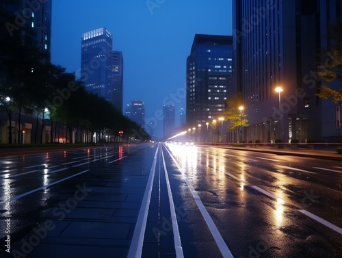 Generative AI Asphalt road and city skyline with modern commercial buildings in Hangzhou at night, China. © Generative AI