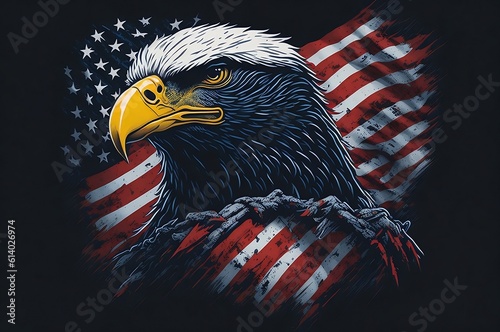 American Bald Eagle on American flag. Vintage Retro Distressed Grunge Look. America USA. Generative AI
