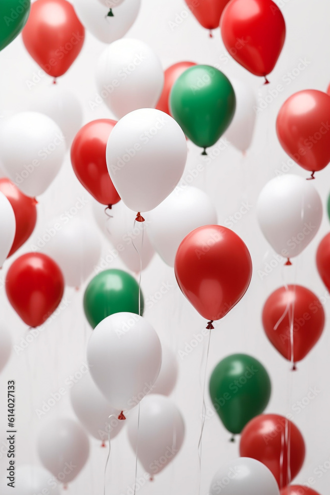 fliegende grüne, rote und weiße Ballons auf hellem Hintergrund. Hochkant. Hochformat. Generative Ai.