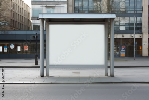 Generative AI Blank billboard in a bus stop, urban landscape
