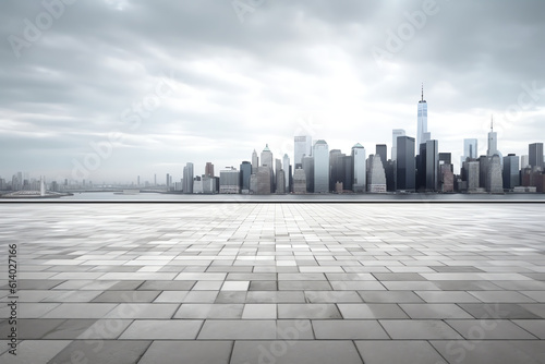 Generative AI modern building and empty floor with skyline. Panoramic urban architecture, cityscape with space