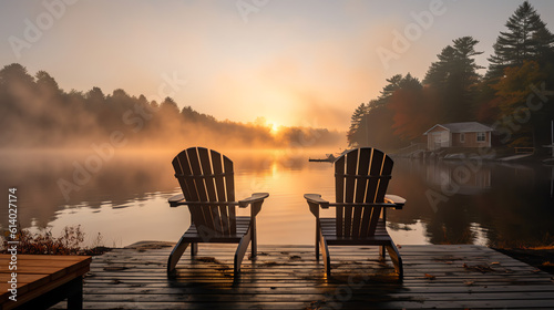 Photographie Generative AI Cottage life - Sunrise on two empty Adirondack chairs sitting on a dock on a lake in Muskoka, Ontario Canada