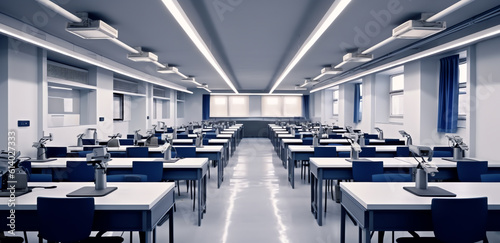 Generative AI White classroom in education university with blue chairs