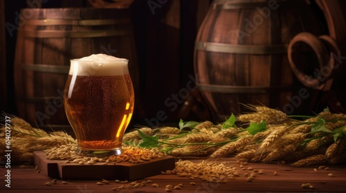 Beer Mug with wheat and hops in the brewery. oak barrel background. Generative AI