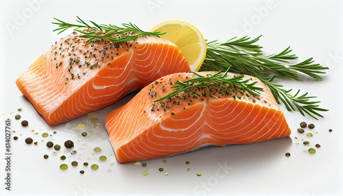 Raw fresh Pacific salmon fillets garnished Ai generated image