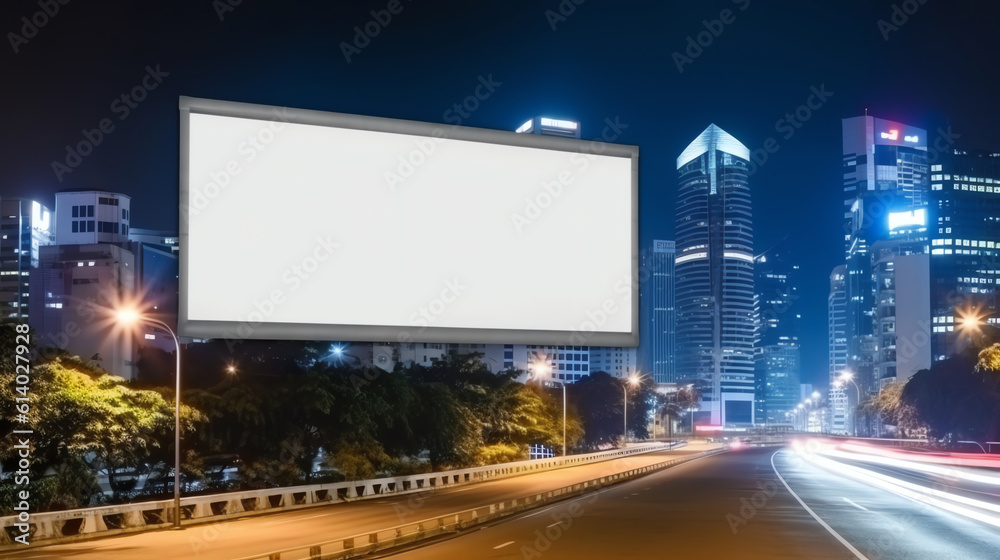Generative AI Panoramic skyline and modern commercial buildings with empty road. Asphalt road and cityscape at night.