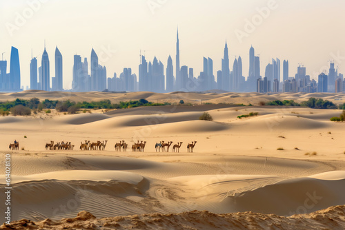 Generative AI View from above, stunning aerial view of an unidentified person walking on a deserted road covered by sand dunes with the Dubai Skyline in the background. Dubai, United Arab Emirates. photo