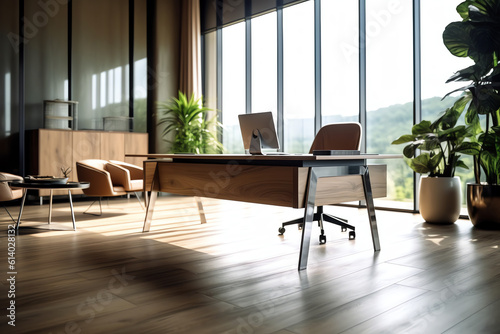 Generative AI Director's office with large wooden table and comfortable armchairs. Interior design