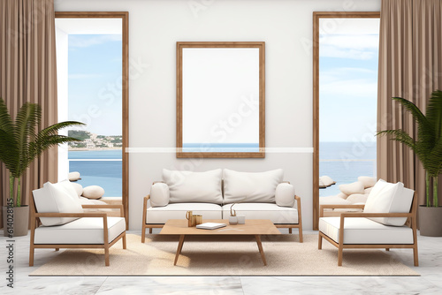 Generative AI Minimal style Modern white living room with blank white wall for copy space 3d render The Rooms white floors  decorated with brown furniture There are large open sliding door Overlooking