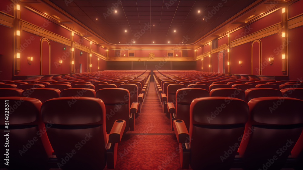 Fototapeta premium Generative AI Cinema seats single stand on red carpet. Buy movie ticket concept, movie night. 3d rendering.