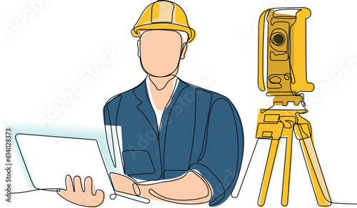 Close up of Caucasian worker with helmet on head using tablet for work while standing in warehouse. Surveyor with a tripod icon. Geodesic tripod. Vector illustration