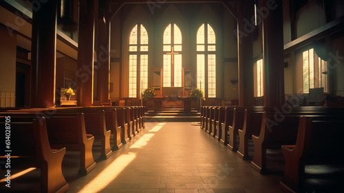 Generative AI Empty church pews with Heavenly Light.