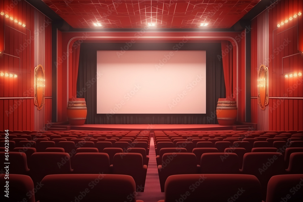 Generative AI Empty red cinema hall with white screen and seats.