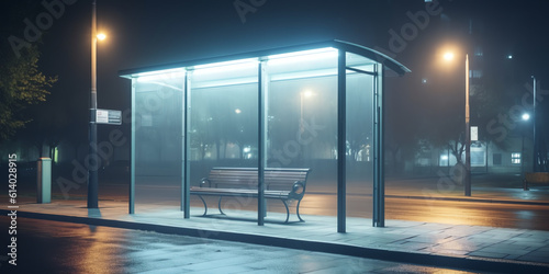 Generative AI Light box display with white blank space for advertisement at bus station in night city. Mock-up design concept.