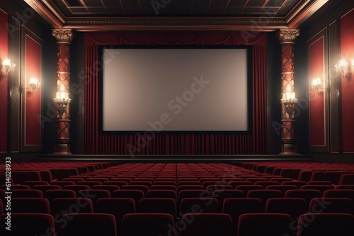 Generative AI Movie theater with black seats and large blank screen. Concept of empty cinema hall.