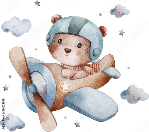 Bear flying on airplane watercolor illustration