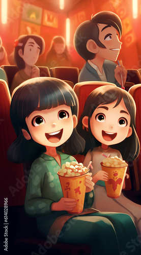 Generative AI Happy family sitting at movie theater vector flat illustration. Parents and children drinking beverage and eating popcorn in empty cinema hall. Smiling people watch interest film in chai